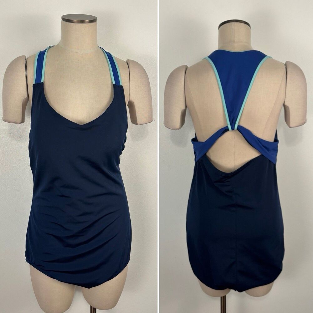 Lands End Swimsuit Bathing Suit 16L Womens Navy Blue One Piece Racerback T-Back
